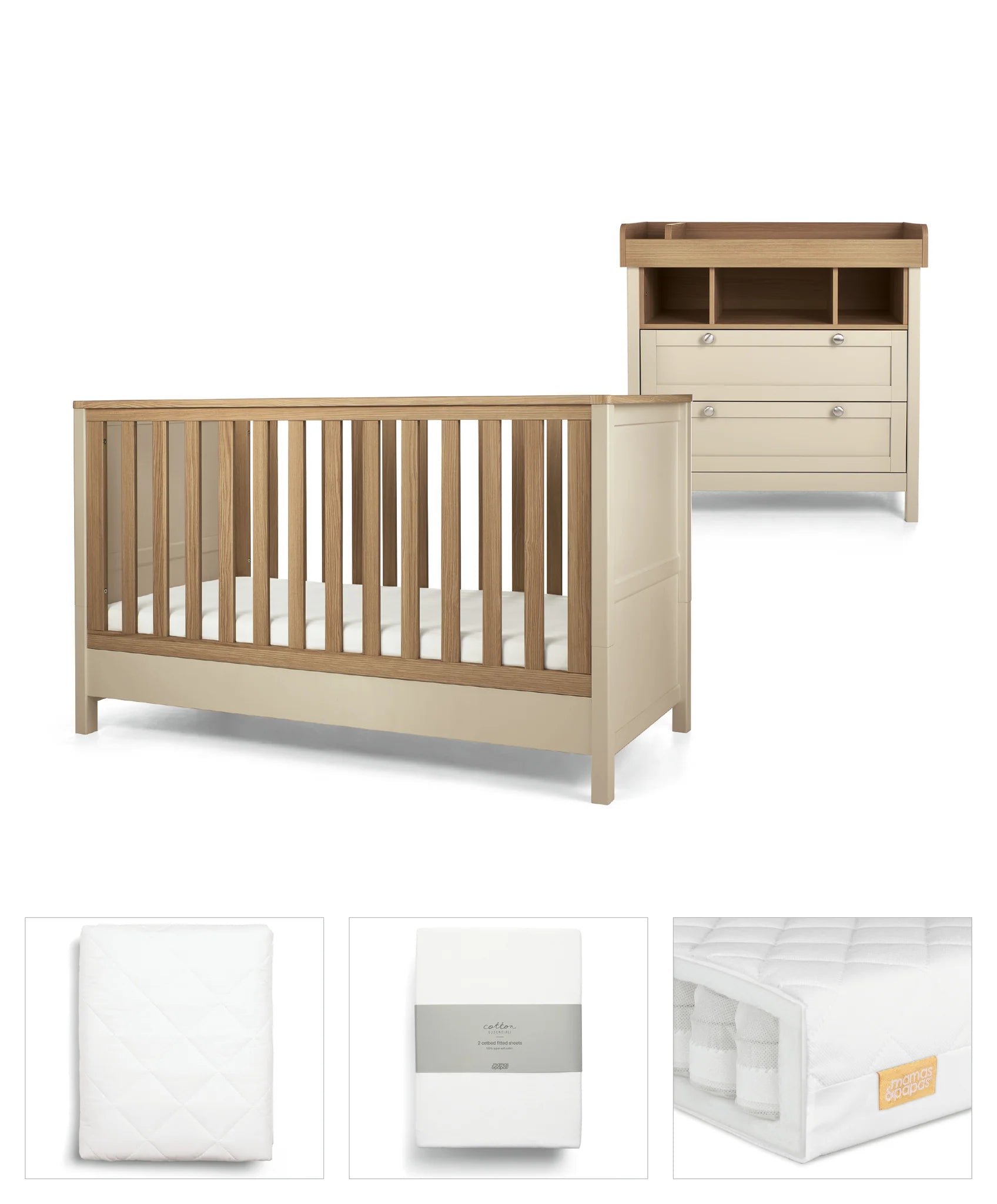 Mamas & Papas Harwell Cashmere 5 piece set with Cot Bed, Dresser Changer, Mattress, Fitted Sheets & Mattress Protector