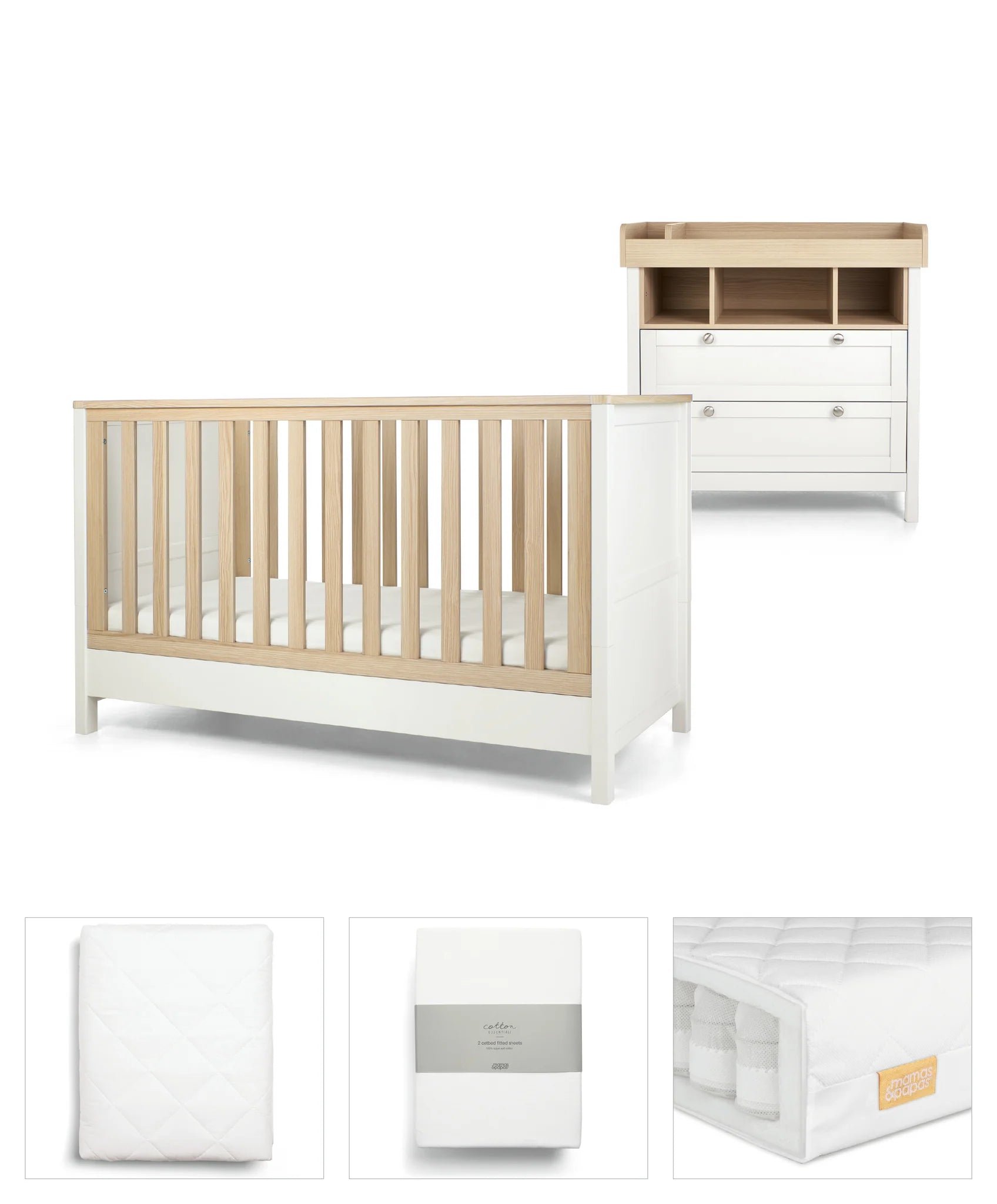 Mamas & Papas Harwell Cashmere 5 piece set with Cot Bed, Dresser Changer, Mattress, Fitted Sheets & Mattress Protector