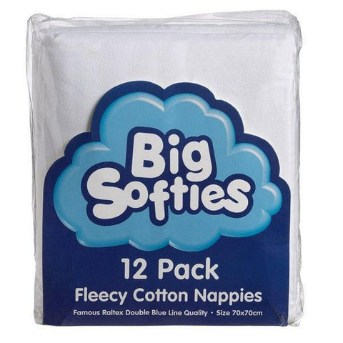 Big Softies Fleecy Cotton Nappies 12 Pack - White - Kiddie Country